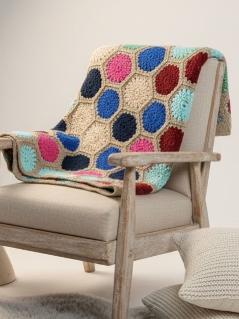 Handmade Sunburst Hexagon Crocheted Blanket, Vibrant, 56x73 in, Twin